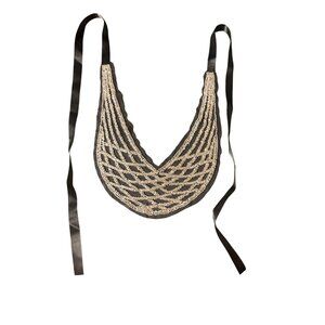 Vintage Beaded Mesh Collar Necklace Bib Sequins Black Satin Ties Estate NWOT